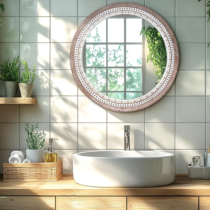 24 Inch Wooden Round Mirror for Wall Decor, Farmhouse Boho Circle Mirrors with Beaded Frame, Decorative for Bedroom, Bathroom, Living Room, Entryway