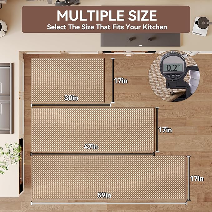 Kitchen Mat Kitchen Rugs Sets of 2 PCS Non Slip Washable, Super Absorbent Soft Braided Kitchen Mats for Floor, Rubber Backing Comfort Standing Kitchen Sink Mat Runner Rug, Brown 17"x28"+17"x47"