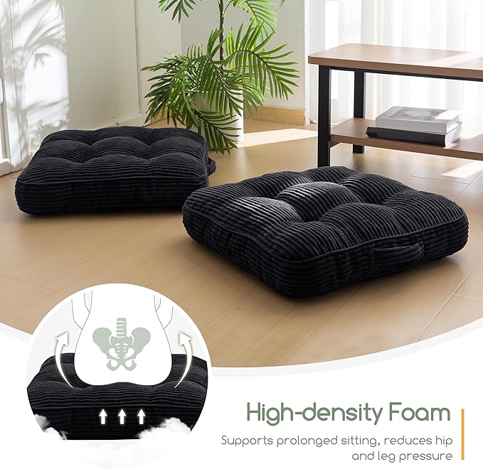 HIGOGOGO Floor Pillow Cushion for Adults, Meditation Cushion Pillow, Large Square Floor Sitting, Tufted Corduroy Cover, for Tatami Living Room or Yoga, 22x22 Inch, Black