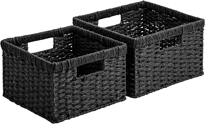 StorageWorks Wicker Basket with Handle, Wicker Storage Baskets for Organizing, Decorative Storage Baskets for Shelves, Paper Rope, Black, 2-Pack