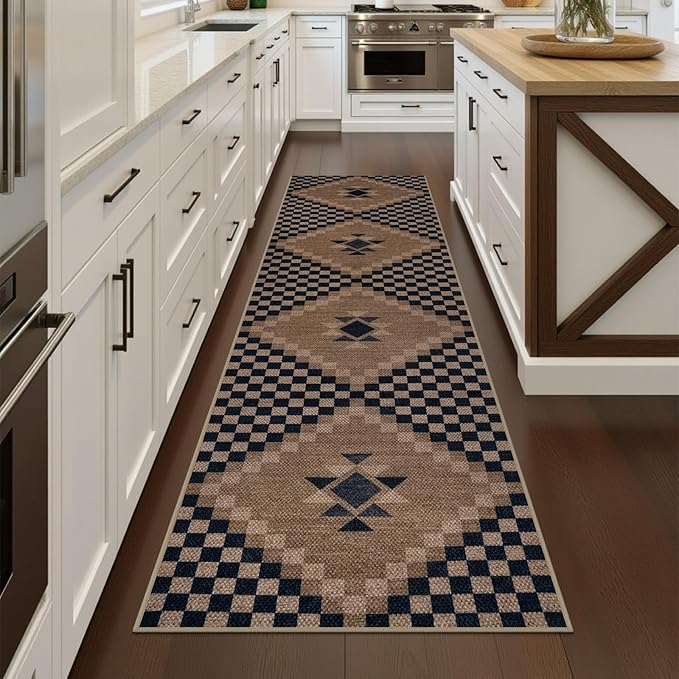 LIVEBOX Easy Jute Runner Rugs for Hallway 2x10, Non Slip Washable Rug Runner, Checkered Extra Long Rugs for Hallways, Ultra Thin Farmhouse Kitchen Rug for Hardwood Floor