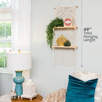 SnugLife 2 Tier Macrame Wall Hanging Shelf with Woven Rope - Boho Pine Wood Shelves for Plants, Bathroom, Kitchen