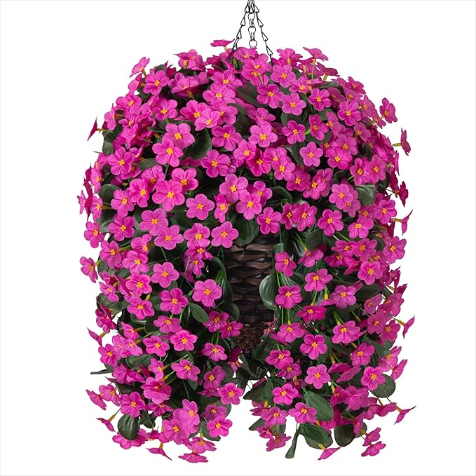 HyeFlora Artificial Fake Hanging Flowers Plants Baskets for Outdoor Spring Decoration, Faux Silk Fuchsia Daisy Mums Trailing Orchid UV Resistant for Home Outside Porch Garden Yard Patio Decor