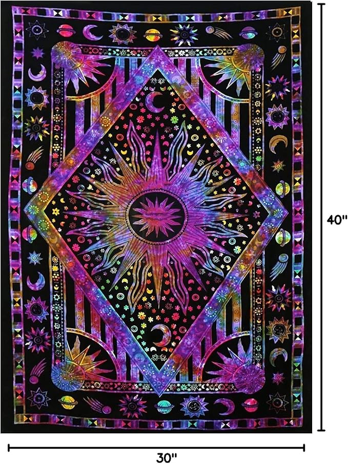 Popular Handicrafts Wall Hanging Tapestry For Bedroom Hippie Burning Sun and Moon Meditation Bohemian Hippy Psychedelic Design Indian Tapestries Bedspread 30 x 40 Inches (76 x 101 cms), Blue