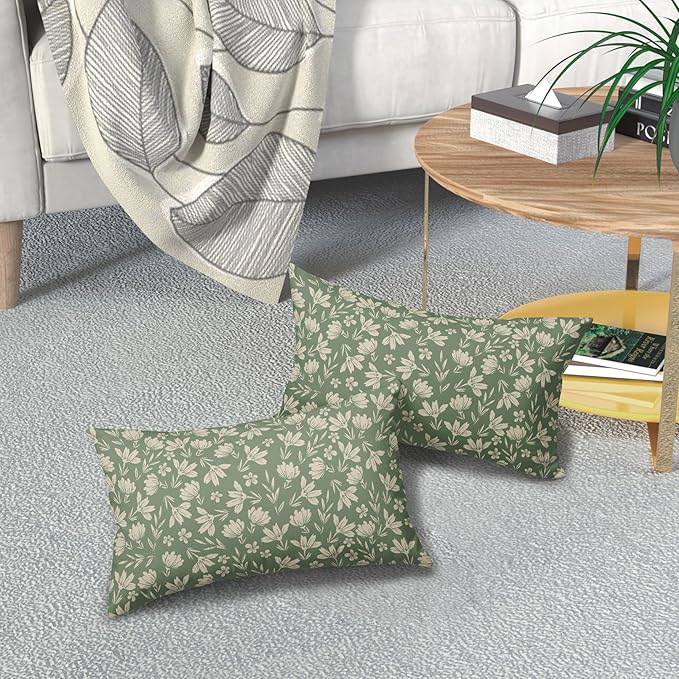 Spring Sage Green Pillow Covers 12x20 Set of 2 Vintage Floral Rustic Old Style Cute Flower Print Decorative Outdoor Pillowcases Seasonal Farmhouse Throw Cushion Case Decor for Couch Sofa Bed