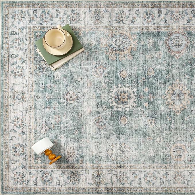 2x3 Washable Area Rug for Entryway Teal Blue Vintage Non-Slip Low Pile Distressed Rustic Carpet Door Mat Soft Small Throw Rug for Indoor Entrance Bathroom
