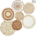 Set of 7 Boho Wall Baskets, Wall Hanging Rattan Decor, Flat Round Woven Water Hyacinth Corn Husk Farmhouse Handmade Macrame Hanging Woven Baskets for Living Room Bedroom Dining Room - Light Color