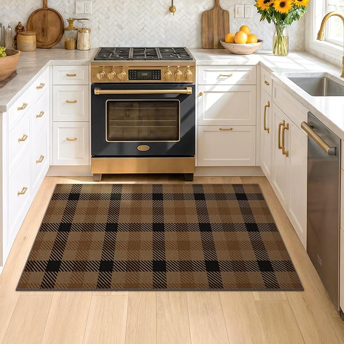 Easy Jute Brown Checkered 3x5 Entryway Rugs - Dark Plaid Rug Indoor Door Mats for Entrance, Front Porch, Outdoor Balcony, Kitchen Floor, Washable Non Slip Earthy Rustic Neutral Décor