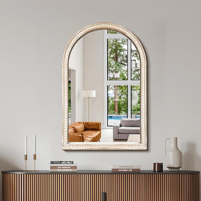 Arched Vanity Mirror for Wall, 30"x20" Boho Rustic Farmhouse Mirror with Beaded Wooden Frame, Decorative Wooden Mirror for Bathroom, Living Room, Entryway, or Bedroom
