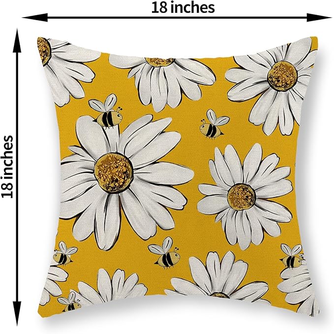 Summer Pillow Covers 18x18 Inch Set of 2 Yellow Daisy Sunflowers Floral Bee Pillow Covers Spring Outdoor Pillow Cases Linen Farmhouse Seasonal Cushion Covers Decor for Living Room Bedroom