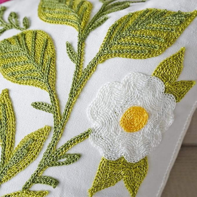 vctops Heart Flower Embroidered Decorative Throw Pillow Cover Spring Summer Floral Square Pillow Cases Cute Cotton Cushion Cover for Couch Sofa Bed (Flower E,18"x18")