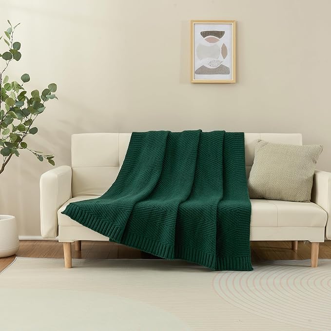 Knitted Throw Blanket 50"X60", Dark Green Knit Throws for Bed, Super Soft Boho Chevron Blankets for Couch Sofa Chair Room Decor, Textured Decorative Farmhouse Cozy Lightweight