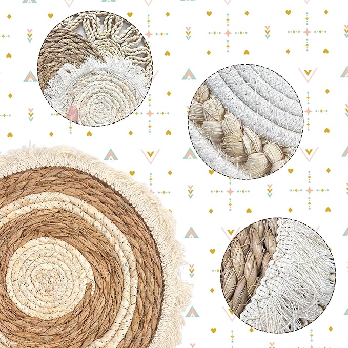 Set of 7 Boho Wall Baskets, Wall Hanging Rattan Decor, Flat Round Woven Water Hyacinth Corn Husk Farmhouse Handmade Macrame Hanging Woven Baskets for Living Room Bedroom Dining Room - Light Color