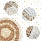 Set of 7 Boho Wall Baskets, Wall Hanging Rattan Decor, Flat Round Woven Water Hyacinth Corn Husk Farmhouse Handmade Macrame Hanging Woven Baskets for Living Room Bedroom Dining Room - Light Color