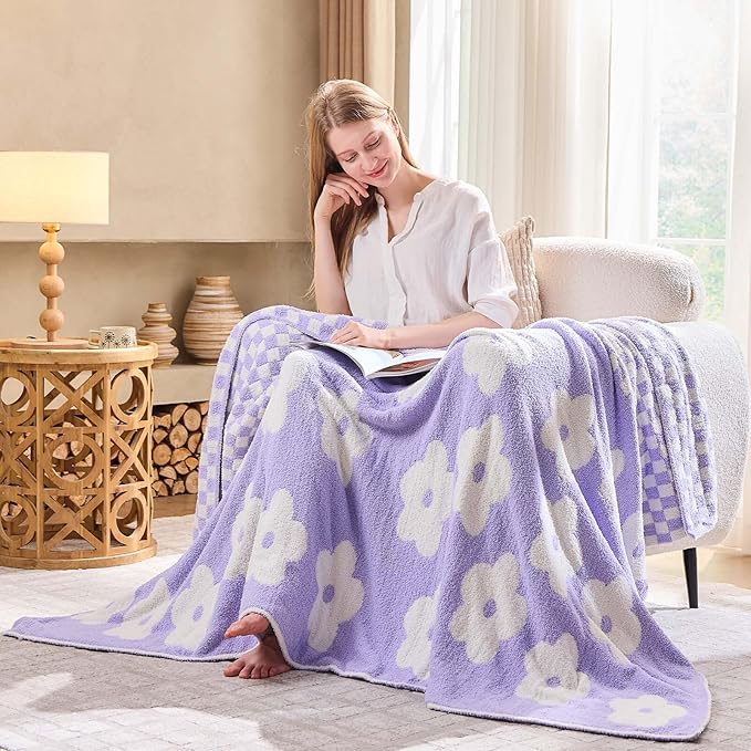 Checkered Throw Blanket, Lavender Flower Blanket for Couch, 50"x60" Soft Plaid Knit Blanket for Home Decor, Reversible Checkerered Blankets for Sofa, Chair, Bed