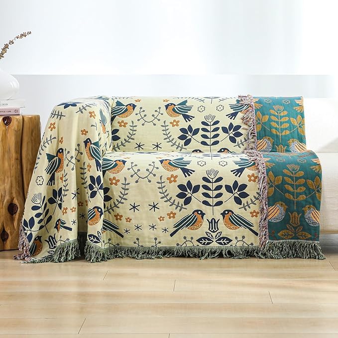 King Size Throw Blanket for End of Bed 100% Cotton Woven Bed Throws for All Season Lightweight and Soft Cozy Farmhouse Reversible Muslin Decorative Blanket for Travel Picnic, Teal/Cream, 91''x98''