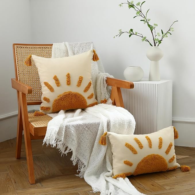 Boho Throw Pillow Covers 20x20, Woven Tufted Sun Decorative Pillow Covers with Tassels Moroccan Modern Pillowcase for Sofa Bedroom Living Room Home Decor, Yellow