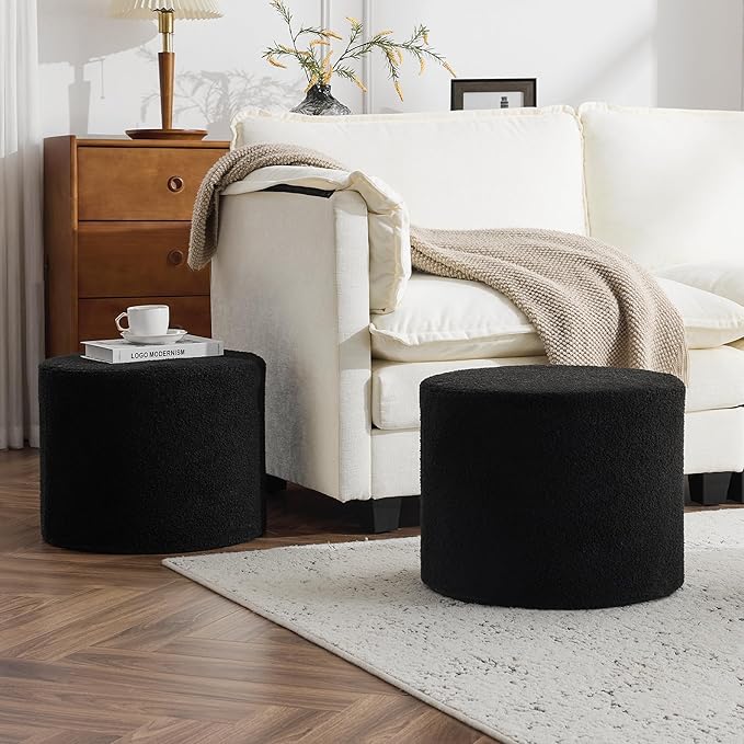 Bezseller Soft Boucle Pouf Ottoman, Comfortable Foot Rest, Full Foam Filling Footstool for Living Room, Bedroom, Lightweight Comfort and Charm Floor Poof Seating Perfect to Rest Your Feet, Black