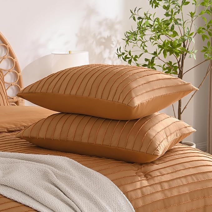 JELLYMONI Pillowcases King Size Rust 2 Pack Boho Striped Bed Pillow Covers 20x36in Polyester Envelope Pillow Shams Tufted Bohemian Textured (Pillows are not Included)