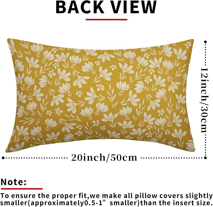 Yellow Pillow Covers 12x20 Set of 2 Vintage Floral Rustic Old Style Cute Flower Print Rectangle Decorative Outdoor Pillowcases Seasonal Farmhouse Throw Cushion Case Couch Sofa Bed Decor