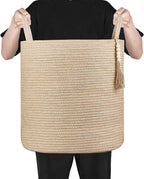 Mkono Tall Wicker Laundry Basket Woven Storage Basket Decorative Natural Rope Basket Wooden Bead Decoration for Blankets,Toys,Clothes,Shoes,Plant Organizer Bin with Handles Living Room 15"Wx17.7"L