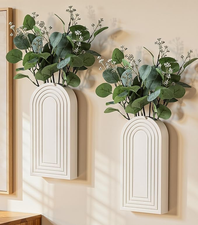 DREAMLOOM 2 Pack Wooden Wall Vases with Fake Plants, Wall Hanging Planters Boho Modern Farmhouse Indoor for Narrow Spaces Entryway Bathroom Home Office Decoration, White