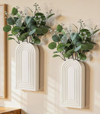 DREAMLOOM 2 Pack Wooden Wall Vases with Fake Plants, Wall Hanging Planters Boho Modern Farmhouse Indoor for Narrow Spaces Entryway Bathroom Home Office Decoration, White
