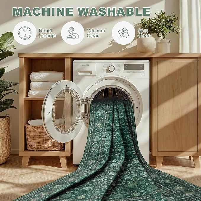 8x10 Area Rugs for Living Room: Washable Rug Soft Vintage Distressed Floral Carpet Indoor Non-Slip Stain Resistant Large Carpets for Bedroom Dining Room Farmhouse Nursery Home Office Deep Green