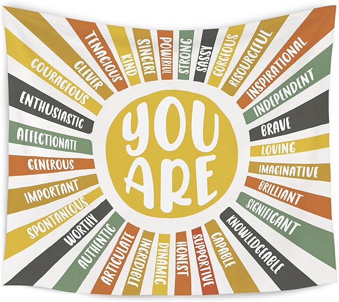 WARDOS Boho Colorful Sunshine Tapestry, You Are Inspirational Tapestry Wall Hanging, Colorful Boho Sun Positive Affirmation Wall Blanket Decor for Kids Room Nursery Playroom Classroom, 50x60 Inch