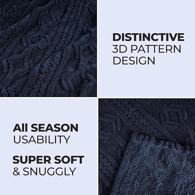 Superior Fleece Boho Jacquard Blanket, Decorative Blankets for Bedroom, Sofa, Fuzzy, Plush, Fluffy, Soft, Cute Room Decor, Beautiful Cover, Comfort Essentials, Arctic Collection, King, Navy Blue