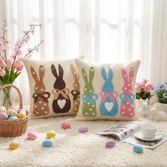 AVOIN colorlife Easter Polka Dot Heart Colorful Bunny Embroidered Throw Pillow Covers, 18 x 18 Inch Bow Rabbits Tufted Patterned Linen Decoration Cushion Case for Sofa Set of 2