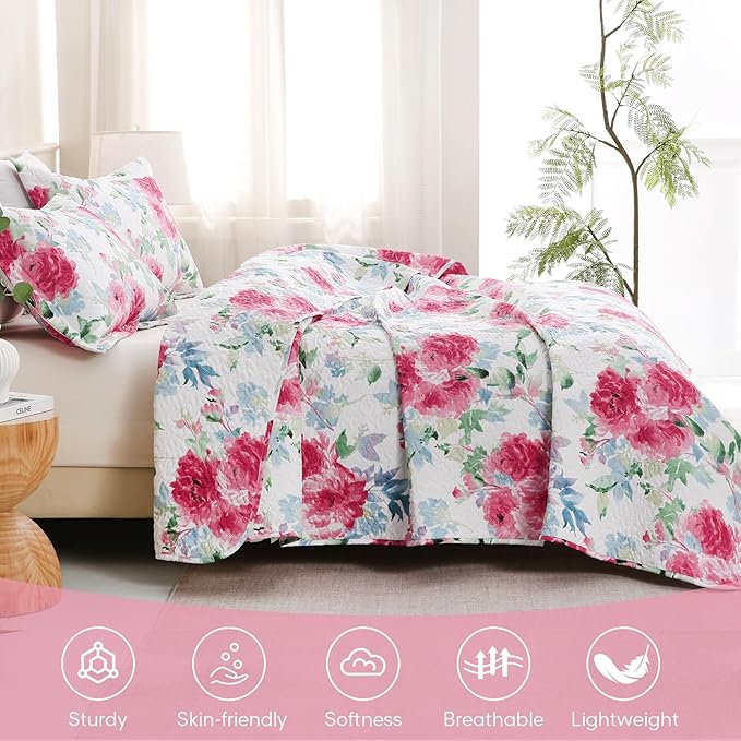 JSD Rose Floral Quilt Set Twin Size, 2 Piece Printed Bedspreads Coverlet with Pillow Sham, Soft Microfiber Quilted Blanket