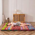 MAXYOYO Bohemian Retro Floor Mattress Vintage Floral Japanese Futon Mattress Roll Up Thicken Sleeping Bed Portable Camping Mattress Floor Lounger Couch Bed Mattress Pad, Full Size