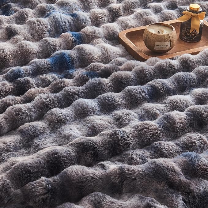 EMME Faux Fur Blanket Twin Size Tie-Dye Dark Gray - Big Bubble Rabbit Cozy Blanket for Couch, Thick Furry Plush Shaggy Blankets, 650GSM, 60x80 Inches