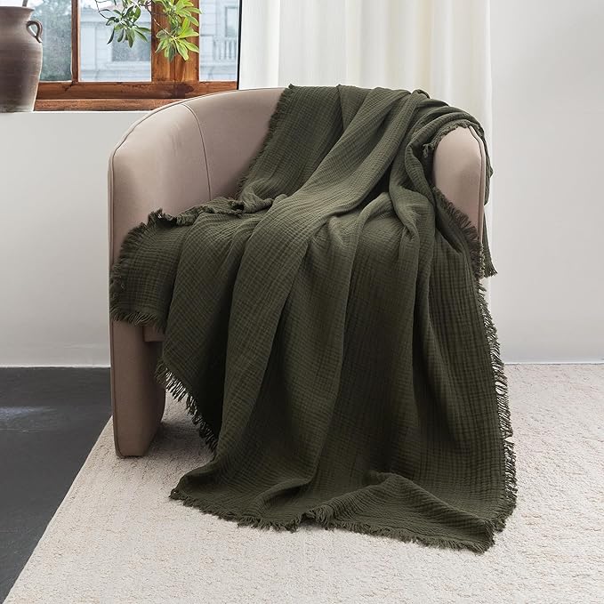 FOSSA Muslin Blanket with Fringe - 4-Layer 100% Cotton Gauze Super Soft & Breathable Throw -Lightweight Decorative Cooling Blanket for Bed, Sofa, Office -Throw XL Size 70" x 50" (Olive Green)