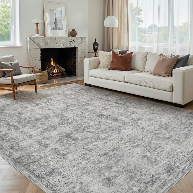 6x9 Area Rugs for Living Room Bedroom, Large Washable Rug, Grey Vintage Abstract Boho Rug, Non Slip & Low Pile Faux Wool Carpet for Indoor Dining Room, Farmhouse and Kids Room(Grey 6x9ft)