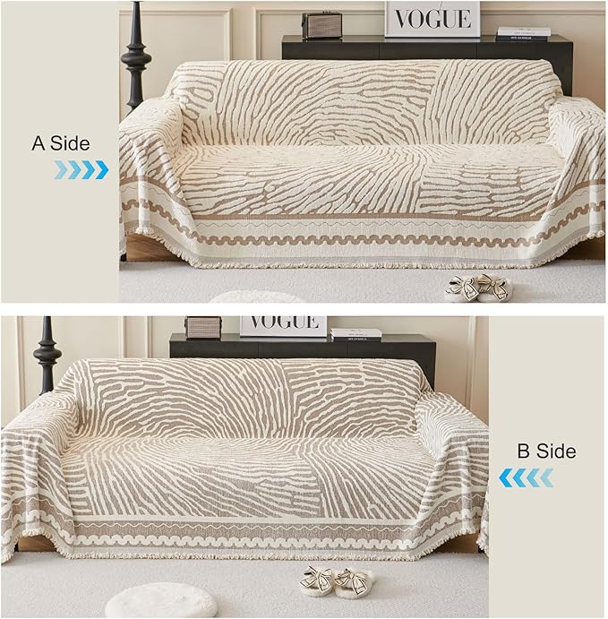 ROOMLIFE Thicked Striped Couch Cover with Tassel Khaki Chenille Sofa Cover Blanket for Sectional Sofa, Soft Sofa Slipcovers for L Shaped Love Seat 2-3 Cushion Couch Anti Slip Sofa Protector, 71"x150"