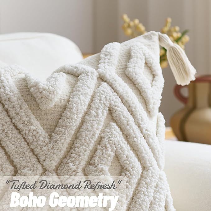 Boho Chic Woven Throw Pillow Covers 1PC, 18x18 Inch Tufted Decorative Pillowcases with Tassels for Elevating Couch, Sofa & Living Room Aesthetic (White, 18" x 18" (Pack of 1))