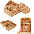 3 Set Rustic Water Hyacinth Storage Baskets - Rectangular Wicker Set for Organizing, Decorating, Bathroom, Living Room, Dining Room