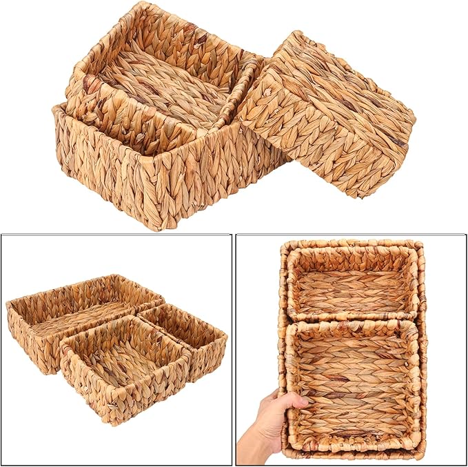 3 Set Rustic Water Hyacinth Storage Baskets - Rectangular Wicker Set for Organizing, Decorating, Bathroom, Living Room, Dining Room