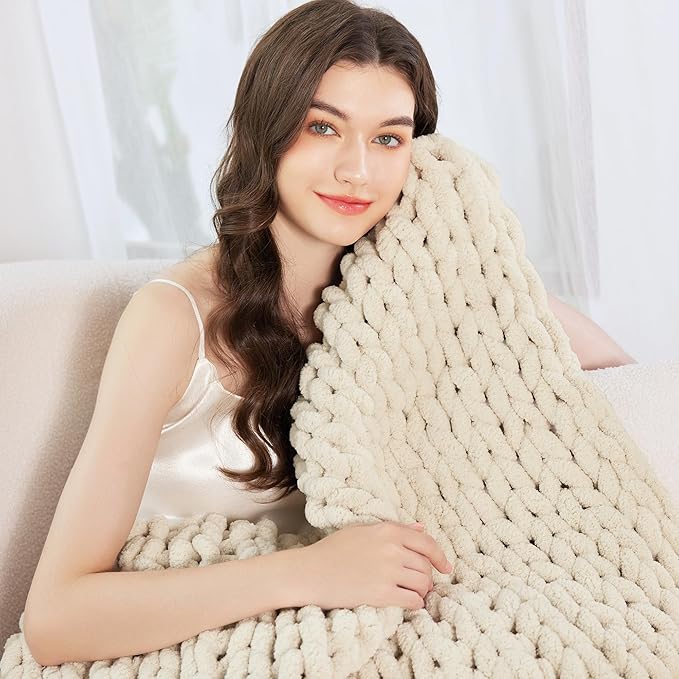 Admitrack Chunky Knit Blanket Throw, 100% Hand Knit Chenille Throw Blanket for Sofa & Home Decor, Soft and Cozy Knitted Throw Blankets (Ivory, 60"x80")
