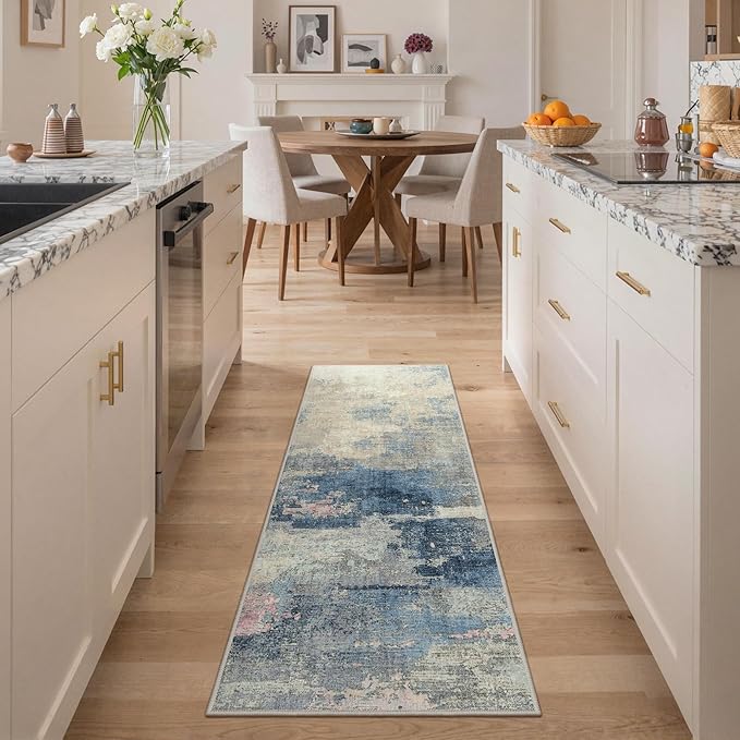 GENIMO 2X5 Washable Modern Runner Rug for Hallway, Non-Slip Low Pile Chenille Print Rug, Soft Rugs for Indoor Entryway Kitchen Corridor, Dusk Tide