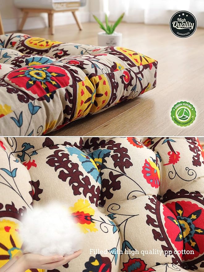 Boho Square Floor Seat Pillows Cushions 22" x 22", Soft Cotton Linen Bohemian Yoga Mandala Meditation Pouf Tatami Floor Pillow Cushion for Living Room Adults & Kids Casual Reading Nooks,Flowers Beige