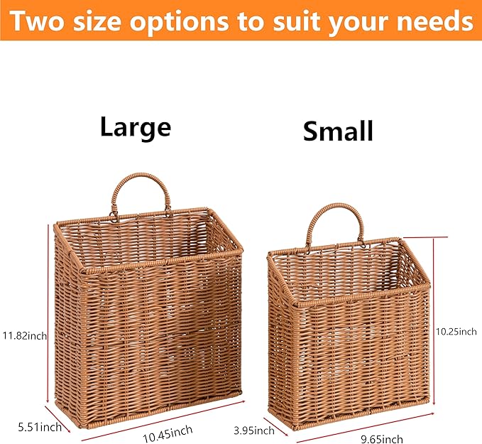 Set of 2 Woven Hanging Wicker Basket for Front Door, Handmade Rattan Hanging Wall Baskets for Garden Farmhouse Home