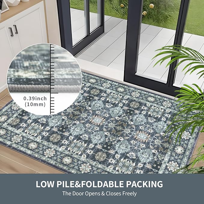 Washable 5×7 Area Rug for Living Room, Vintage Floral Rug Soft Non Slip Stain Resistant Boho Carpet for Indoor Bedroom Dinning Room Home Office Blue/Navy