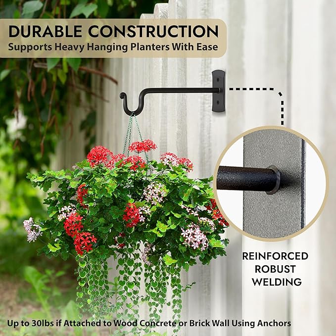 RTZEN Plant Hangers Outdoor or Indoor - Wrought Iron Metal Hanger Indoor Hook - Heavy Duty Wall Bracket Hooks for Hanging Plants Baskets Lanterns Wind Chimes - 2 Pack (Black Shepherds Hooks 10")