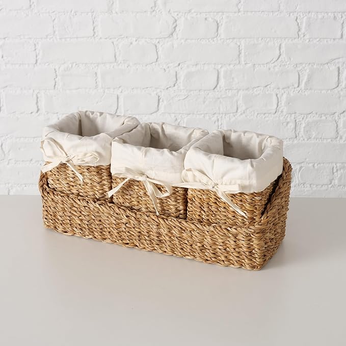 Organizer Basket Set, Set of 4, Includes 3 Lined Removable Bin-Baskets, One Caddy-Utility Basket, Handmade, Sea Grass, Cotton, Bow Ties, Honey Color, 15.75 Inches