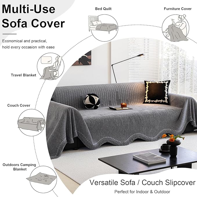 ROOMLIFE Gray Couch Cover Boho Sofa Covers for 3 Cushion Couch Washable, Furniture Protector Sofa Couch Cover for Dogs, Soft Chenille Sofa Slipcover, Couch Throw Blankets with Tassels 71 '' X 134''