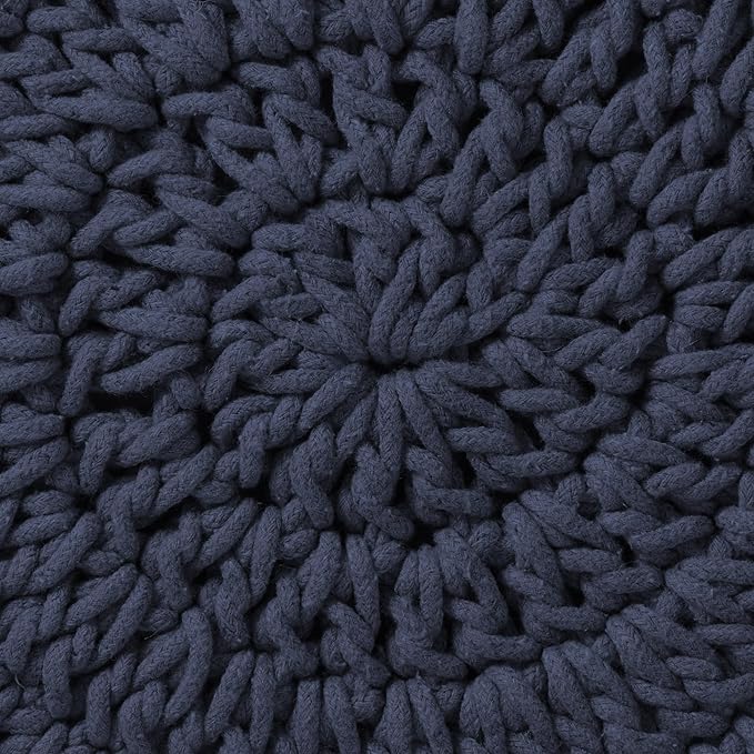 Casafield Pouf Ottoman Footstool, 13" Round x 11" High, Hand-Knitted Cotton Footrest, Non-Skid Wood Legs, Boho Foot Stool for Living Room, Bedroom (Navy Blue)