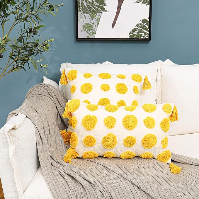 PLWORLD Boho Yellow Throw Pillow Cover 18x18 Inch with Tassels, Pom Pom Tufted Decorative Cream Chenille Fabric Accent Textured Cushion Case for Bed Couch, 1 PC Cover Only No Insert